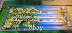 Stained Glass Window Panel Aspen Trees Flowers hand painted blue green gold Stained Glass Window Panel Aspen Trees Flowers hand painted blue green gold