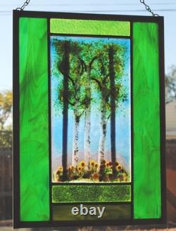 Stained Glass Window Panel Aspen Trees Flowers hand painted blue green gold