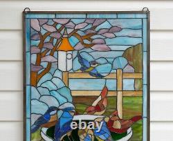 Stained Glass Window Panel Bird Bath With Flowers, 20.5 x 34.75