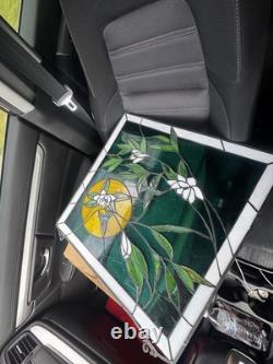 Stained Glass Window Panel Bird and Flowers Decorative Green Yellow Floral