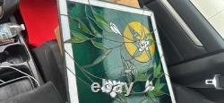 Stained Glass Window Panel Bird and Flowers Decorative Green Yellow Floral