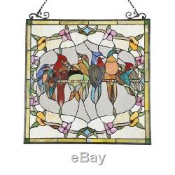 Stained Glass Window Panel Birds & Floral Tiffany Style 24 Wide x 25 Tall