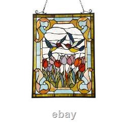 Stained Glass Window Panel Birds Tulips Floral Tiffany Style 18 W x 25 H