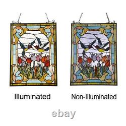 Stained Glass Window Panel Birds Tulips Floral Tiffany Style 18 W x 25 H