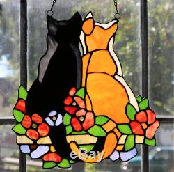 Stained Glass Window Panel Cats in the Garden Tiffany Style Hanging Art Decor