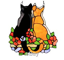 Stained Glass Window Panel Cats in the Garden Tiffany Style Hanging Art Decor