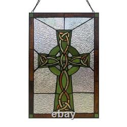 Stained Glass Window Panel Celtic Cross Rectangular Mid-Century Modern Hanging