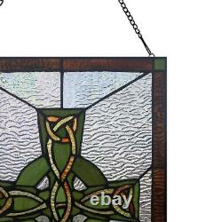 Stained Glass Window Panel Celtic Cross Rectangular Mid-Century Modern Hanging