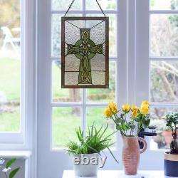 Stained Glass Window Panel Celtic Cross Rectangular Mid-Century Modern Hanging