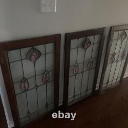 Stained Glass Window Panel Chicago Antique 38x20 Floral Design 3 Panels Total
