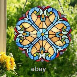 Stained Glass Window Panel Colorful Blue Cream Hearts Hanging Sun Catcher Decor