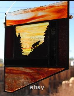 Stained Glass Window Panel Cougar Mountain Trees Sunset