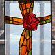 Stained Glass Window Panel Cross with a Rose Rough Rolled Milk Glass Background