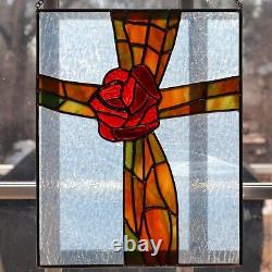 Stained Glass Window Panel Cross with a Rose Rough Rolled Milk Glass Background