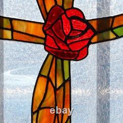 Stained Glass Window Panel Cross with a Rose Rough Rolled Milk Glass Background