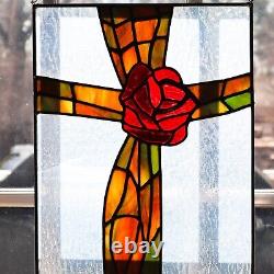 Stained Glass Window Panel Cross with a Rose Rough Rolled Milk Glass Background