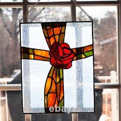 Stained Glass Window Panel Cross with a Rose Rough Rolled Milk Glass Background