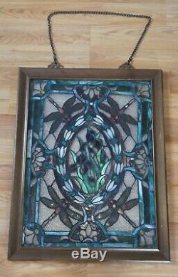 Stained Glass Window Panel Dragonfly & Iris Flowers 22X28 Framed