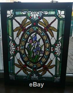 Stained Glass Window Panel Dragonfly & Iris Flowers 22X28 Framed