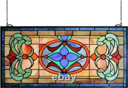 Stained Glass Window Panel Extra Large Horizontal Transom 26x12.8 In Decor