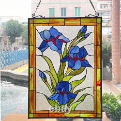 Stained Glass Window Panel Floral Multi Color Flower Tiffany Style BLUE SCARLET