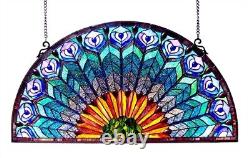 Stained Glass Window Panel Half Moon Handcrafted Peacock Design Art Glass