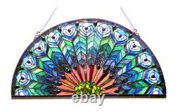 Stained Glass Window Panel Half Moon Handcrafted Peacock Design Art Glass