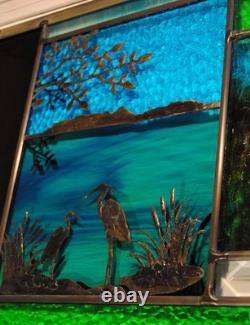 Stained Glass Window Panel Heron Lake landscape Stained Glass Window Panel Heron Lake landscape