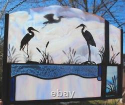 Stained Glass Window Panel Herons in the mist blue white pink