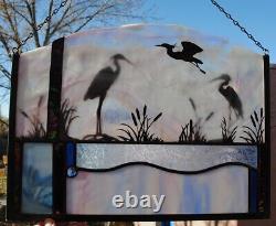 Stained Glass Window Panel Herons in the mist blue white pink