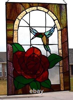 Stained Glass Window Panel Hummer and Rose