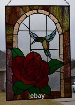 Stained Glass Window Panel Hummer and Rose