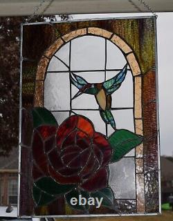 Stained Glass Window Panel Hummer and Rose