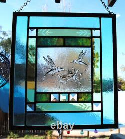 Stained Glass Window Panel Hummingbird Columbine turquoise