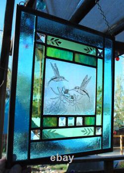 Stained Glass Window Panel Hummingbird Columbine turquoise