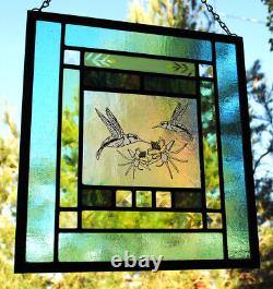 Stained Glass Window Panel Hummingbird Columbine turquoise