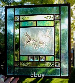 Stained Glass Window Panel Hummingbird Columbine turquoise