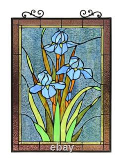 Stained Glass Window Panel Iris Floral Tiffany Style 18 W x 25 H MATCHING PAIR