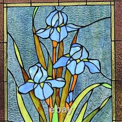 Stained Glass Window Panel Iris Floral Tiffany Style 18 W x 25 H MATCHING PAIR