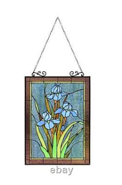 Stained Glass Window Panel Iris Floral Tiffany Style 18 W x 25 H MATCHING PAIR