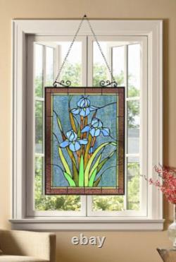 Stained Glass Window Panel Iris Floral Tiffany Style 18 W x 25 H MATCHING PAIR