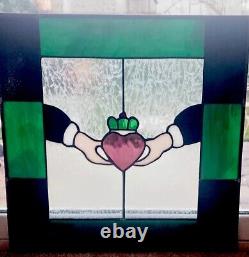 Stained Glass Window Panel Large Claddagh St Patrick's Heart & Hands