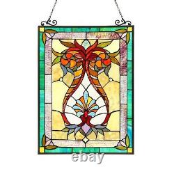 Stained Glass Window Panel Medallion Floral Victorian 17.5 x 25 Suncatcher