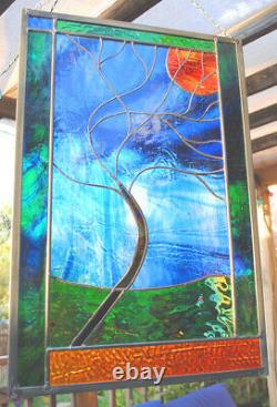 Stained Glass Window Panel Moonlit Tree Blue Green rust gold