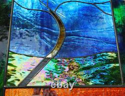 Stained Glass Window Panel Moonlit Tree Blue Green rust gold