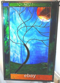 Stained Glass Window Panel Moonlit Tree Blue Green rust gold