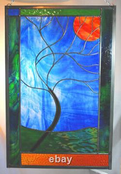 Stained Glass Window Panel Moonlit Tree Blue Green rust gold