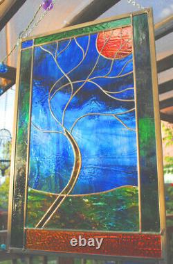 Stained Glass Window Panel Moonlit Tree Blue Green rust gold