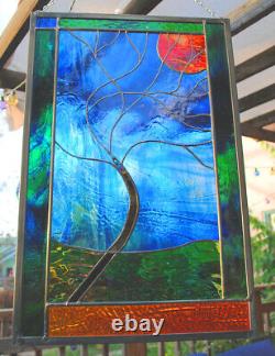 Stained Glass Window Panel Moonlit Tree Blue Green rust gold