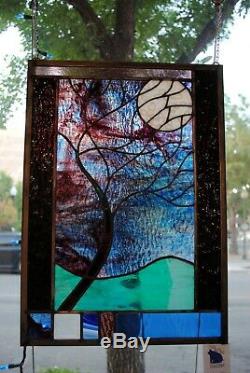 Stained Glass Window Panel Moonlit Tree blue purple green black